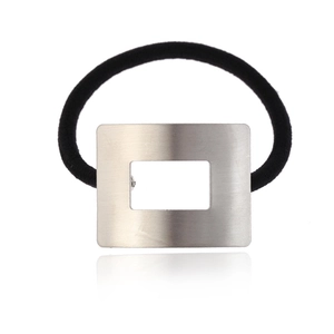 Sleek silver rectangular hollow metal hair tie with minimalist black elastic band