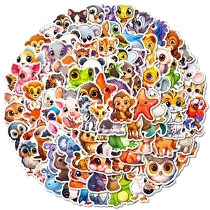 Assorted cute cartoon animal stickers including lion and panda in a vibrant colorful pile