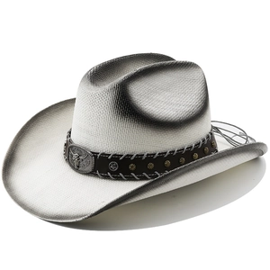 Chapeau de cowboy en paille rétro avec dégradé ombré et bande en cuir à tête de taureau