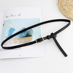 Slim black leather belt with golden rectangle buckle for dresses and blazers
