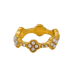 Luxurious 18K gold plated titanium steel ring with micro-set floral crystal details