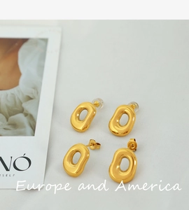 Detailed view of irregular 18k gold geometric stud earrings with two types of backings