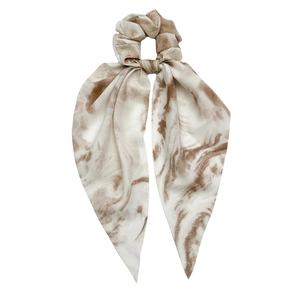Elegant chiffon tie-dye scrunchie scarf with marble pattern in brown and beige tones