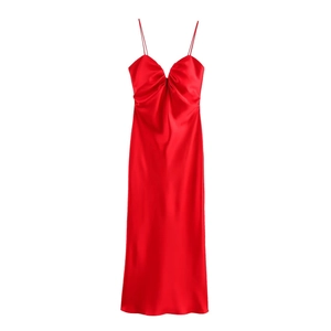 Elegant red satin midi slip dress with a gathered bow chest design on a white background