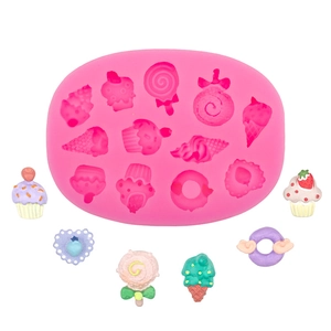 Pink silicone mold for mini cupcake, candy, and ice cream shapes on white background