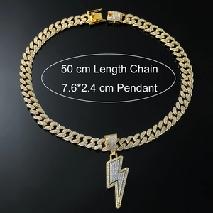Gold-plated iced-out Cuban chain with lightning bolt pendant and 50cm length detail