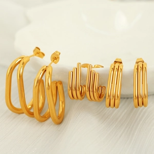 Geometric U-Shaped Stud Earrings Multi-Layer Linear Oval Design Stainless Steel Gold Plated French Style For Women