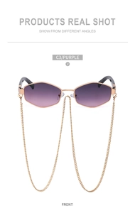 Front view of round sunglasses with purple gradient lenses and decorative gold chain