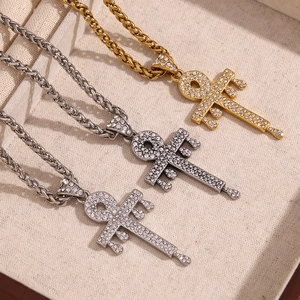 18K gold and silver plated Ankh cross pendant necklaces with diamonds on a woven chain