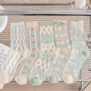 Sheer Mesh Mid-calf Socks For Women Sweet Japanese Style Breathable Crystal Satin Transparent Heart Pattern Lettuce Edge