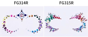Detail view of FG314R and FG315R colorful facial rhinestone stickers with rainbow gems