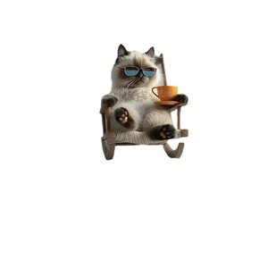 Funny ragdoll cat acrylic ornament with blue sunglasses and coffee cup for car decor