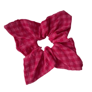 Elegant large double-layer pink plaid lace scrunchie made of durable cotton fabric