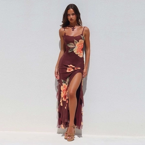 Sexy bloemenprint chiffon maxi-jurk met hoge split en halternek voor de zomerstijl