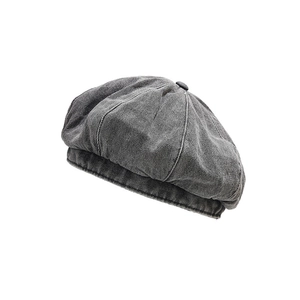 Classic dark grey washed denim beret hat with vintage newsboy style and paneled design