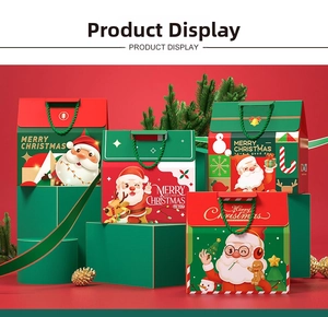 Detail showing four Christmas gift boxes with Santa, reindeer designs and green rope handles