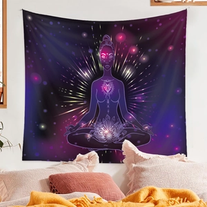 Cozy bedroom setting with purple starry tapestry showing meditating woman above bed