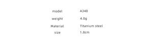 Specifications for model A348 titanium steel geometric ring featuring 4.0g weight and 1.8cm size