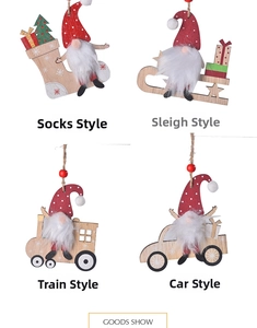 Detailed view of four wooden Christmas gnome pendants including sled and car designs