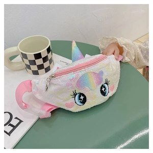Detail of sequin unicorn waist bag for kids with pink adjustable strap and embroidery