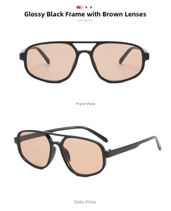 Modern double bridge sunglasses in glossy black frame with tinted brown lenses details