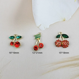 Three sizes of red cherry pendants with cubic zirconia for DIY jewelry making