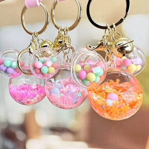 Cartoon mouse head liquid sand keychain with colorful macarons beads and gold bell