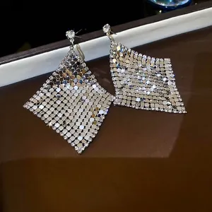 Elegant diamond-set rhombic sequin mesh drop earrings in silver with a luxury finish