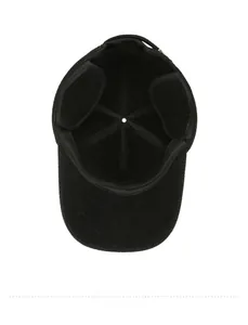 Detail of warm black baseball cap featuring thickened inner lining and foldable ear flaps