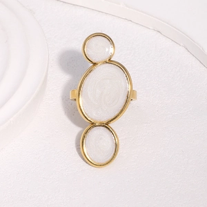 Bague minimaliste en acier inoxydable doré 18 carats avec motifs ovales blancs en émail