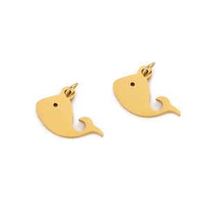 Detailed close-up of golden whale-shaped pendants for jewelry making on white background