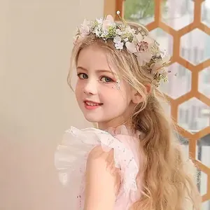 Floral girls wreath headband with pearls and ribbons for flower girl wedding style