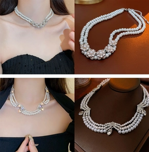 Détails de colliers de perles vintage multicouches avec pendentifs de fleurs en diamant