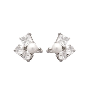 Elegant silver flower earrings with zircons and pearls on a clean white background