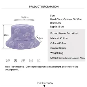 Bob en coton lilas avec broderie champignon et dimensions détaillées sur fond blanc