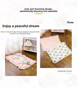 Detail of ruffled pet sleeping mat with rainbow and bear patterns for cats and dogs
