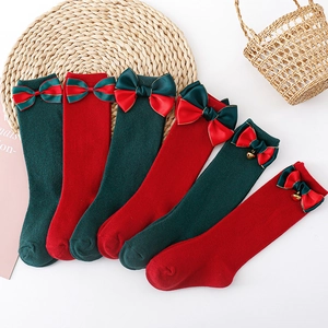 Kids Christmas Mid Calf Socks Cotton Knit Breathable Festive Large Bow Decorative Bells Holiday Infant Toddler