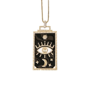 Golden square necklace with black enamel evil eye, crescent moon and star pendant