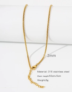 Detailed view of a 2mm 18k gold-plated 316 stainless steel chain with dimensions