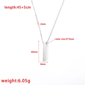 Polished silver stainless steel 3D bar pendant necklace with detailed size specifications