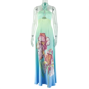 Detail of halter neck maxi dress with iris floral print and gradient mint to blue tones