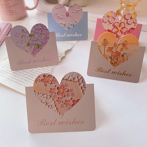5Pcs 3D embossed heart-shaped oil painting greeting cards with Best wishes gold lettering