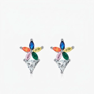 Colorful Zircon Flower Stud Earrings With 925 Sterling Silver Earring Post Rainbow Geometric Elegant Jewelry For Women
