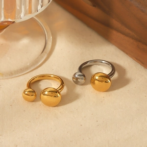 Stainless Steel Open Ring 18K Gold Plated Geometric Round Ball Adjustable Band Chic Minimalist Jewelry For Women