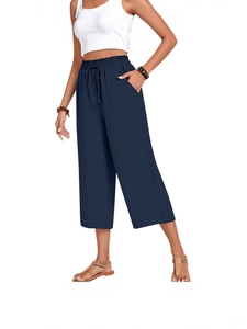 Women's high waist navy linen wide leg cropped pants with elastic drawstring waist