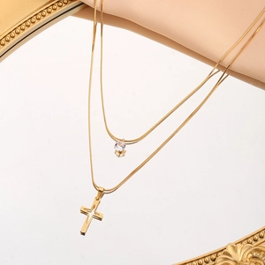 Double-layered gold titanium necklace with cross and zircon pendant on snake chains