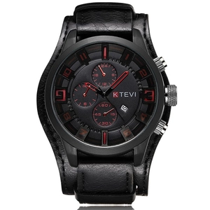 Mens black leather sports chronograph watch with red accents and date display