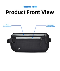 Detail view of RFID blocking passport waist bag with multi-zippered compartments