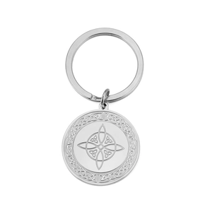 Polished 304 stainless steel keychain featuring a Celtic witch knot circular pendant