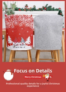 Detail view of festive gnome Christmas chair covers on wooden dining chairs